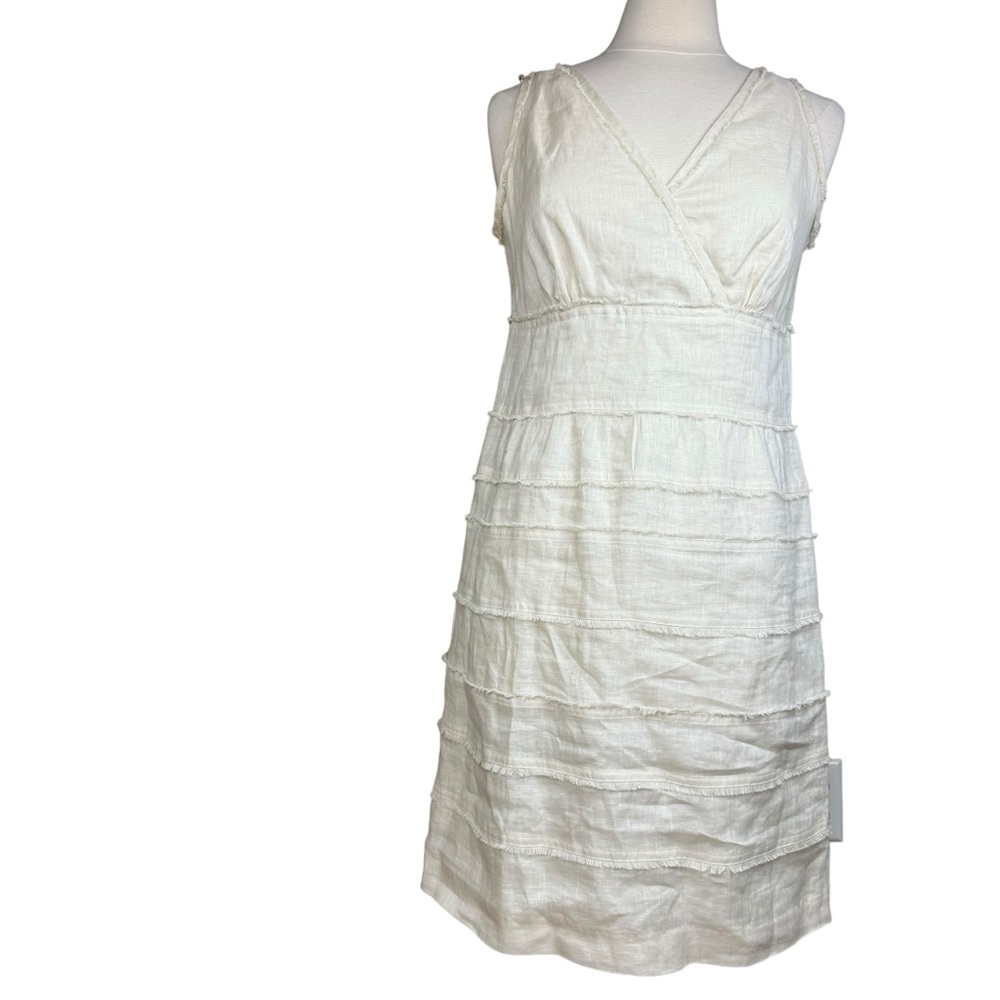Talbots Linen Blend  Sleeveless Dress Sz 10 Beige V-neck Tiered Frayed Edge